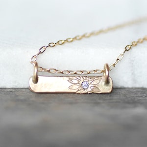 Solid 14k Gold and Diamond Floating Bar Necklace, Diamond Daisy Patterned Pendant, Diamond Bar Necklace, Gifts for Her, Wedding Jewelry