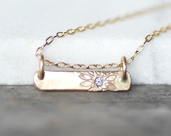 Solid 14k Gold and Diamond Floating Bar Necklace, Diamond Daisy Patterned Pendant, Diamond Bar Necklace, Gifts for Her, Wedding Jewelry