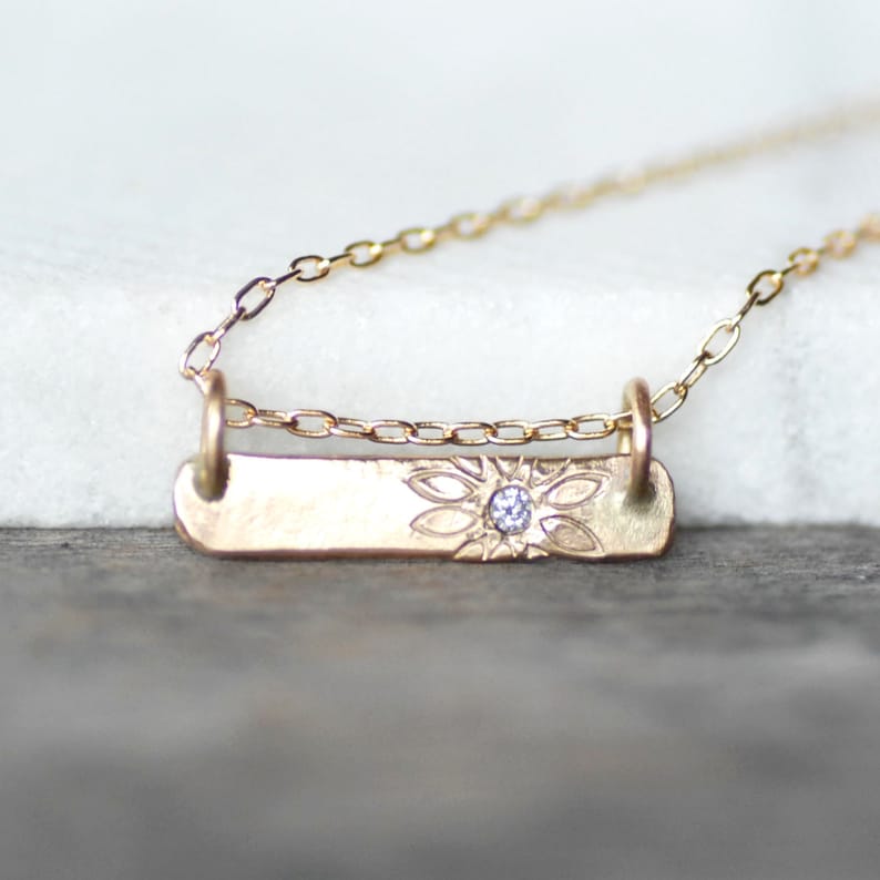 Solid 14k Gold and Diamond Floating Bar Necklace, Diamond Daisy Patterned Pendant, Diamond Bar Necklace, Gifts for Her, Wedding Jewelry image 1