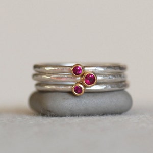 Tiny Ruby Ring Set, SOLID 18k Gold and Silver Stack Rings, Set of 3 Minimalist Ruby Rings, July Birthstone Rings