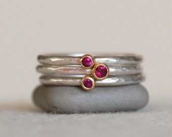 Tiny Ruby Ring Set, SOLID 18k Gold and Silver Stack Rings, Set of 3 Minimalist Ruby Rings, July Birthstone Rings