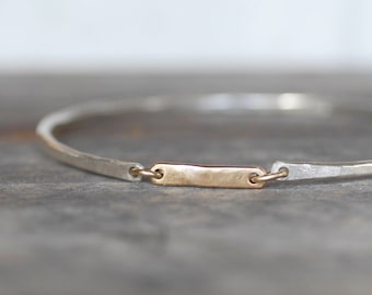 Gold Bar Bangle - Sterling Silver 14k Gold Link Bangle