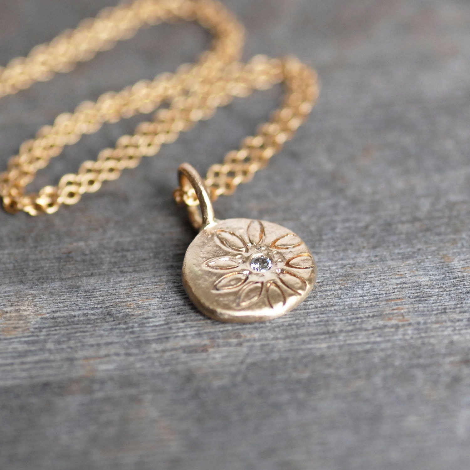 Solid Gold Diamond Daisy Necklace, Wildflower Coin Pendant