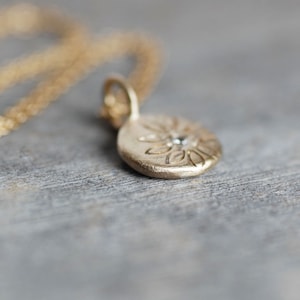 Solid Gold Diamond Daisy Necklace, Wildflower Coin Pendant, Small Daisy Pebble Necklace, Gifts for Her, April Birthstone, Nature Jewelry image 8