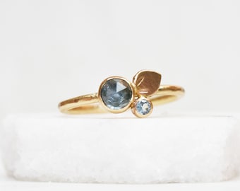 Montana Sapphire and Aquamarine Bloom Ring, Solid 14k Gold Flower Ring, Botanical Petal Ring, Eco Gold Bouquet Ring, Mothers day Gift