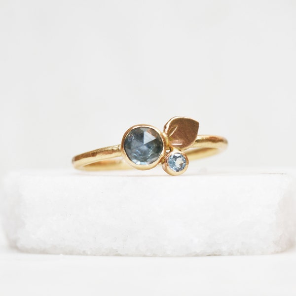 Montana Sapphire and Aquamarine Bloom Ring, Solid 14k Gold Flower Ring, Botanical Petal Ring, Eco Gold Bouquet Ring, Mothers day Gift