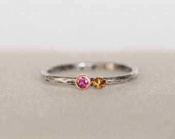 Winziger Edelstein oder Diamant-Samen-Ring, SOLID 18k Gelbgold Sterling Silber Ring, Birthstone Stapelringe, Natur inspirierter Schmuck