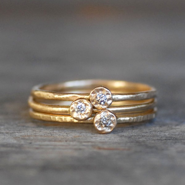 Handmade 14k Gold Diamond Flower Stacking Rings Set: Textured Bands