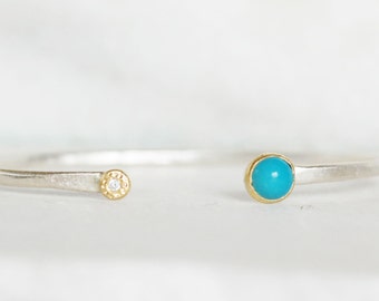 Turquoise and Diamond Cuff-  Sterling and 14k Gold - Turquoise open Cuff