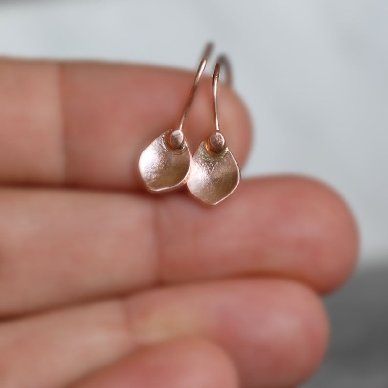 Solid 14k Gold Petal Dangle Earrings Small Gold Drop Dangle Etsy
