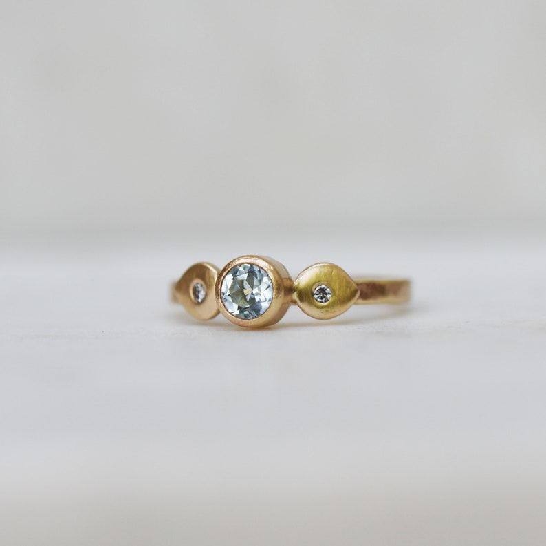 Aquamarine Diamond SOLID Gold Ring, Handmade Petal Ring, Alternative Engagement Ring, Gold Floral Ring image 2