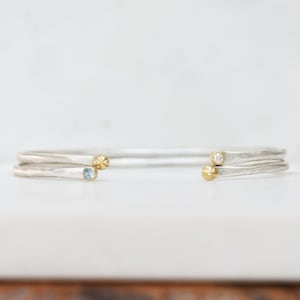 Birthstone Flower Bud Cuff in Solid 18k Gold and Silver, Personalized Open Cuff Bangle, Skinny Stacking Cuff Bracelet, Minimalist Cuff