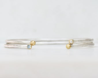 Birthstone Flower Bud Cuff in Solid 18k Gold and Silver, Personalized Open Cuff Bangle, Skinny Stacking Cuff Bracelet, Minimalist Cuff