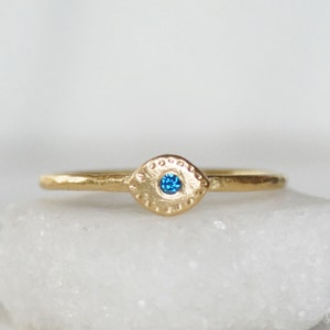 Blue Diamond Evil Eye Ring, Handmade Solid 14k Gold, Gold Eye Ring, Blue Diamond Stacking Ring, Skinny Gold Stack Ring, Dainty Ring