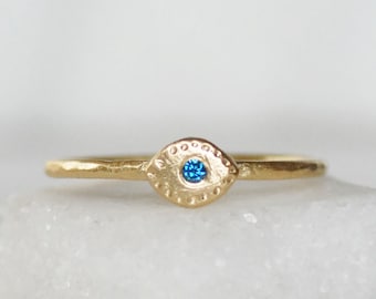 Blue Diamond Evil Eye Ring, Handmade Solid 14k Gold, Gold Eye Ring, Blue Diamond Stacking Ring, Skinny Gold Stack Ring, Dainty Ring