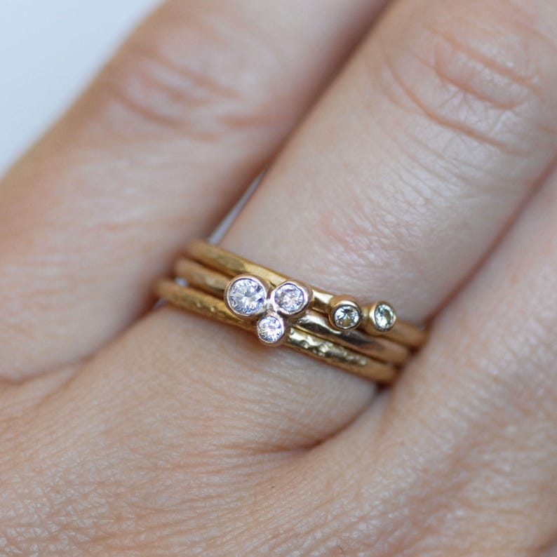 Diamond Trio Wedding Ring, Diamond Stardust Wedding Ring, Solid 14k Gold Wedding Ring, Diamond Cluster Ring, April Birthstone, Fine Jewelry image 9