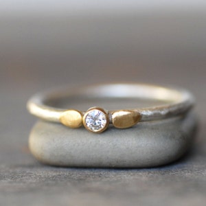 Diamond Lotus Ring, SOLID 18k Gold and Silver Stack Ring, Handmade Flower Petal Ring, April Birthtstone Stack Ring