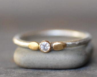 Diamond Lotus Ring, SOLID 18k Gold and Silver Stack Ring, Handmade Flower Petal Ring, April Birthtstone Stack Ring