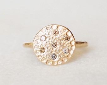 Solid 14k Gold Diamond Disc Ring,  Large Flower Center Ring, Gold Coin Ring, Natural Brown Diamond, Handmade Alternative Engagement Ring