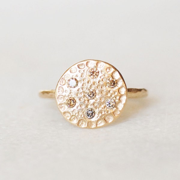 Solid 14k Gold Diamond Disc Ring,  Large Flower Center Ring, Gold Coin Ring, Natural Brown Diamond, Handmade Alternative Engagement Ring