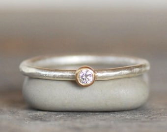 Tiny Minimalist Diamond Stacking Ring, Solid 18k Gold and Silver Stack Ring, April Birthstone, Simple Diamond Ring