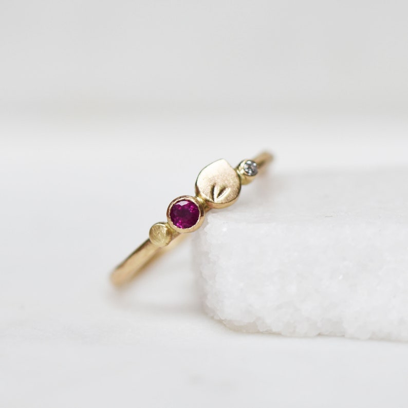 Ruby and Diamond Petal Stacking Ring, Solid 14k Gold Ruby and Diamond Ring, Botanical Kaleidoscope Ring, April July Birthstone, Multi Stone image 2
