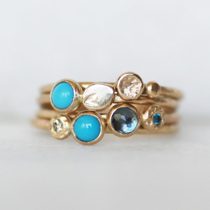 Skinny Diamond and Turquoise Wildflower Ring, Solid 14k Gold Stacking Ring, Thin 14k Gold Band, Dainty Diamond Ring, December Birthstone image 5