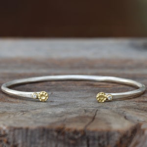 Diamond Skinny Cuff, Diamond Flower Open Cuff, Sterling and 18k Gold Skinny Floral Bracelet, April Birthstone, Gifts For Her, Bridal Jewelry image 3