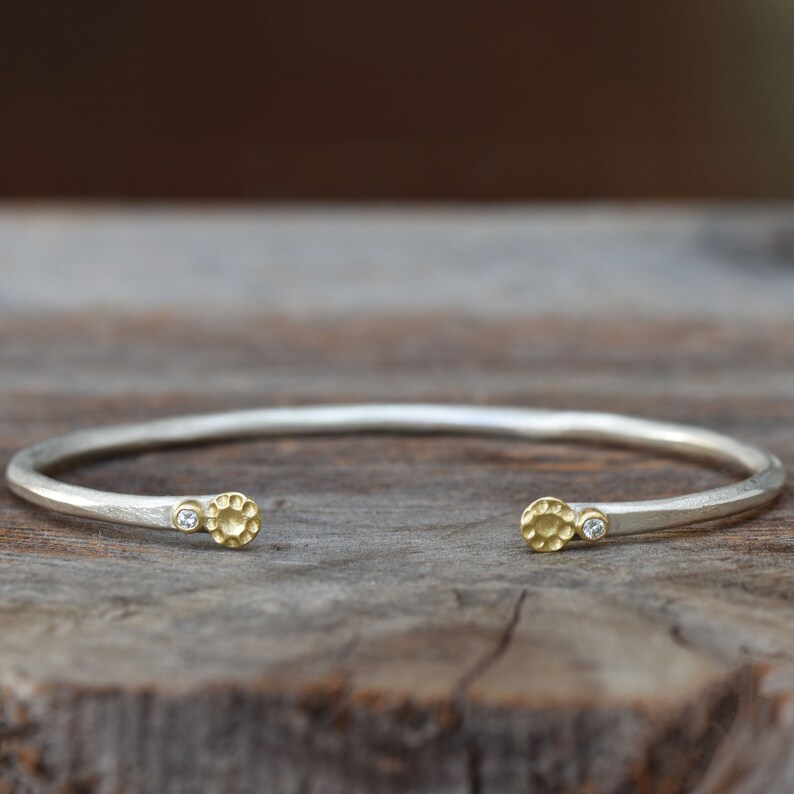 Diamond Skinny Cuff, Diamond Flower Open Cuff, Sterling and 18k Gold Skinny Floral Bracelet, April Birthstone, Gifts For Her, Bridal Jewelry image 3