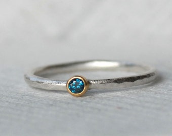 Blue Diamond Stacking Ring, SOLID 18k Gold and Silver Stack Ring,  2.5mm Blue Diamond Stackable Ring, Diamond Solitaire Ring