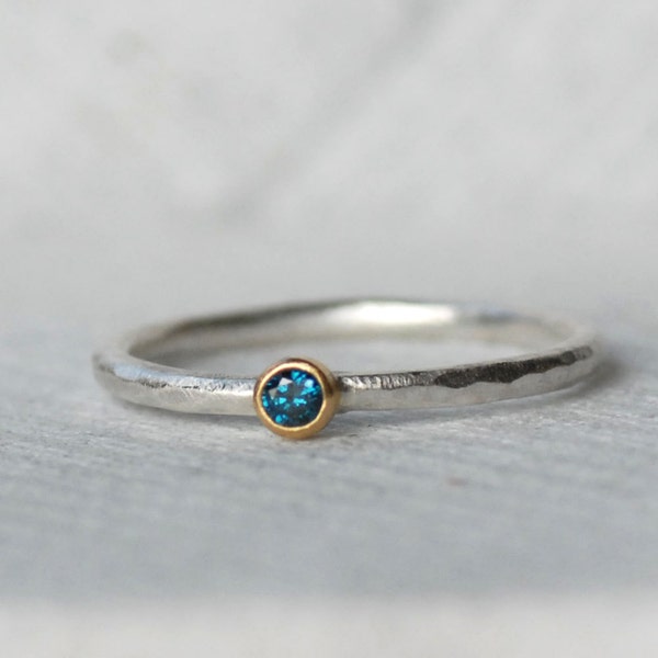 Blue Diamond Stacking Ring, SOLID 18k Gold and Silver Stack Ring,  2.5mm Blue Diamond Stackable Ring, Diamond Solitaire Ring
