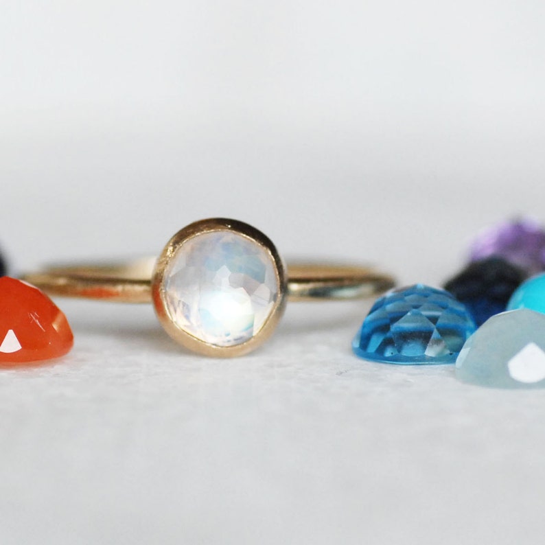 Rose Cut Gemstone Ring, Skinny Solid 14k Gold Band, Choose Your Gemstone, Gold Birthstone Ring, Opal Ring, Topaz Ring, Garnet, Moonstone image 3