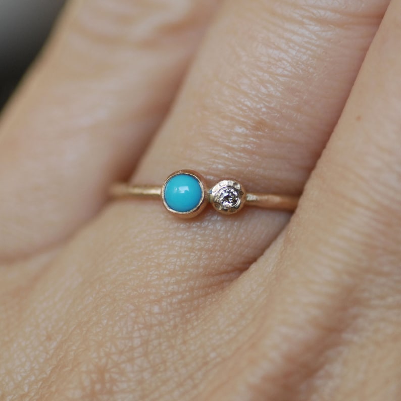 Skinny Diamond and Turquoise Wildflower Ring, Solid 14k Gold Stacking Ring, Thin 14k Gold Band, Dainty Diamond Ring, December Birthstone image 3