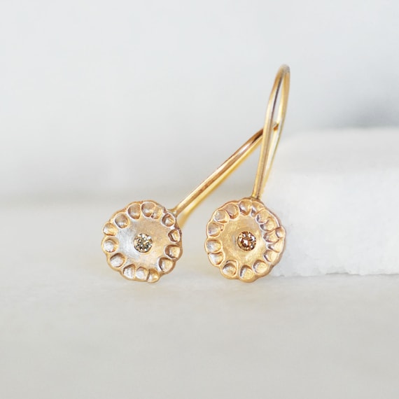 Handmade 14k Gold Wildflower Diamond Dangle Earrings, Natural Brown Diamond Flower Earrings, Solid Gold Drop Dangle, April Birthstone