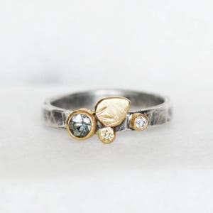 Sapphire and Diamond Bloom Ring - Green Yellow sapphire 18k Gold and Sterling Silver Petal Stacking Ring