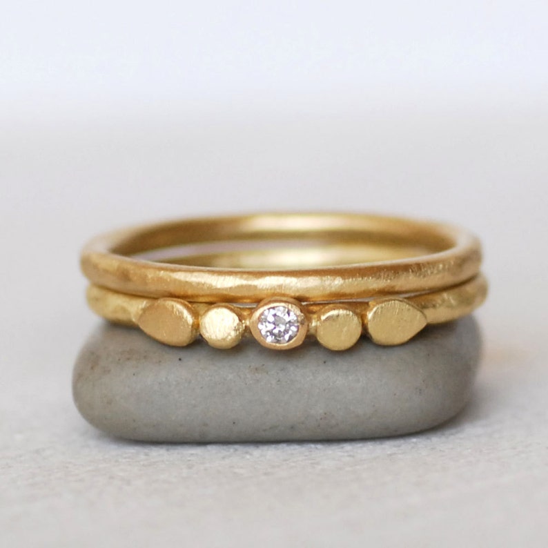 Tiny Petals Diamond Gold Ring Set of 2 Solid Gold Wedding - Etsy