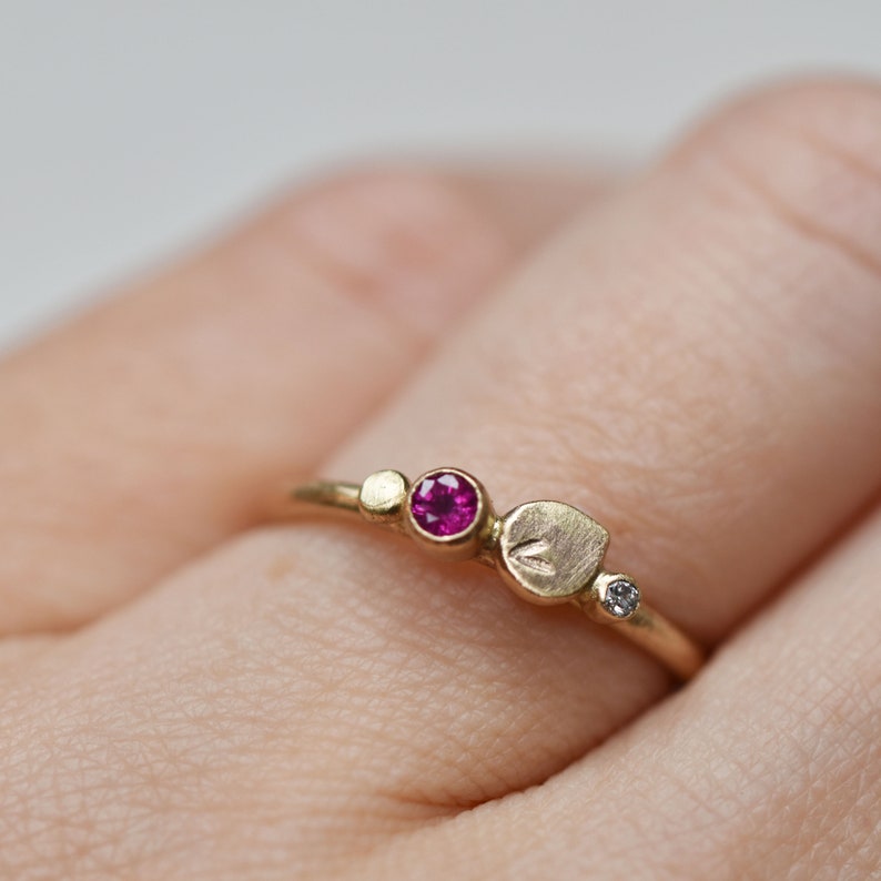 Ruby and Diamond Petal Stacking Ring, Solid 14k Gold Ruby and Diamond Ring, Botanical Kaleidoscope Ring, April July Birthstone, Multi Stone image 3