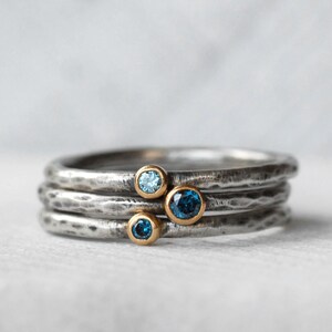 Tiny Blue Diamond Blue Zircon Ring Set - 18k Gold and Silver Stack Rings- Set of 3 Rings - Size 7.5