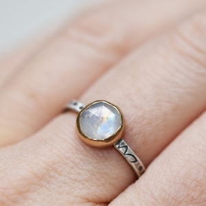 Rainbow Moonstone Ring in SOLID 14k Yellow Gold and Sterling Silver, Handmade Artisan Jewelry, Rustic Gemstone Ring