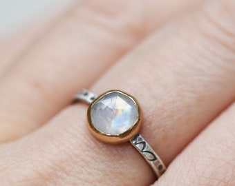 Rainbow Moonstone Ring in SOLID 14k Yellow Gold and Sterling Silver, Handmade Artisan Jewelry, Rustic Gemstone Ring