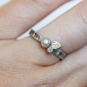 Pearl and Diamond Flower Petal Ring, Solid 18k Gold and Sterling Silver Flower Stacking Ring, Diamond Bloom Ring, Floral Stack Ring image 4