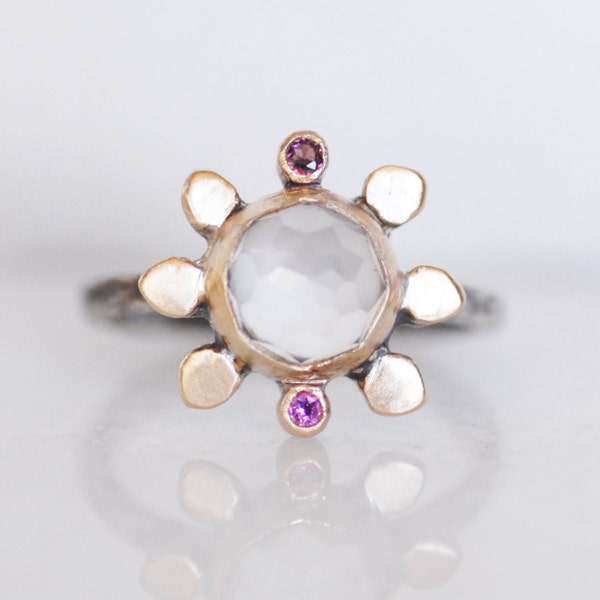 Rose Quartz Tourmaline Ring - 14k Gold and Silver Ring Flower Ring - Size 6.75