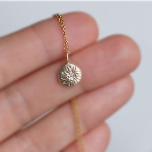 Solid Gold Diamond Daisy Necklace, Wildflower Coin Pendant, Small Daisy Pebble Necklace, Gifts for Her, April Birthstone, Nature Jewelry image 9