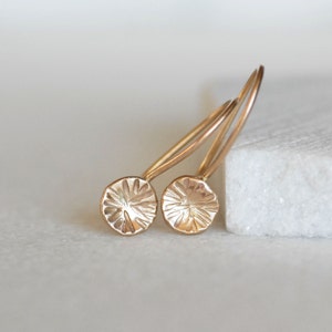 Small Gold Drop Disc Earrings, Solid Gold Coin Earrings, Dainty Gold Drop Earrings, Handmade Patterned Earrings, Unique Minimalist Earrings