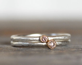 Tiny Brown Diamond Ring, Solid 18k Gold and Silver Stack Ring, Dainty Diamond Stackable Ring, Minimalist Diamond Ring, April Birthstone