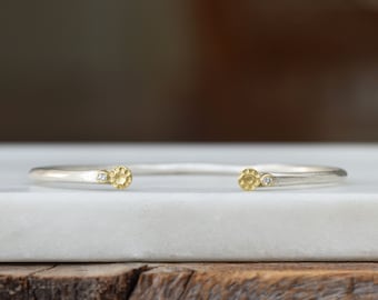 Diamond Skinny Cuff, Diamond Flower Open Cuff, Sterling and 18k Gold Skinny Floral Bracelet, April Birthstone, Gifts For Her, Bridal Jewelry