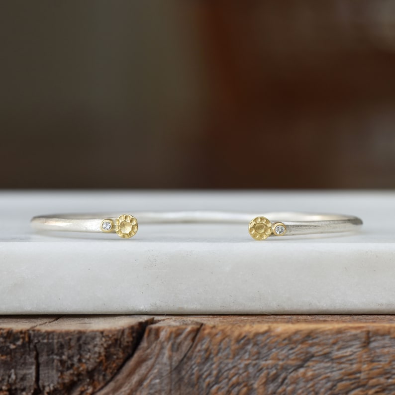 Diamond Skinny Cuff, Diamond Flower Open Cuff, Sterling and 18k Gold Skinny Floral Bracelet, April Birthstone, Gifts For Her, Bridal Jewelry image 1
