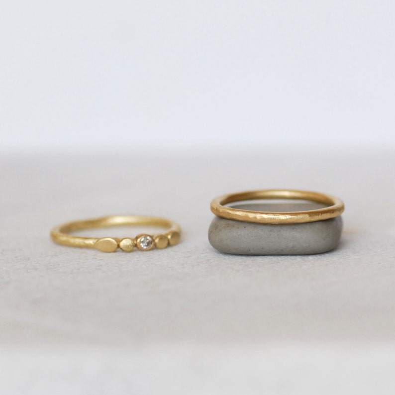 Tiny Petals Diamond Gold Ring Set of 2, Solid Gold Wedding Ring Set, Choose 14k or 18k Gold, Dainty Floral Wedding Rings, April Birthstone image 2