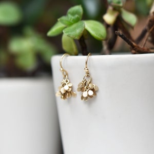 Solid Gold Cluster Drop Earrings, Seedpod Tassel Dangle Earrings, Handmade Gold Drop Earrings, Botanical Drop Dangle Earrings, Artisan Gold image 1