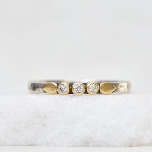 Tiny Petals Diamond Trio Ring in Sterling and 18k Gold, Skinny Diamond Band, Dainty Diamond Band, Diamond Engagement Band, Floral Band,